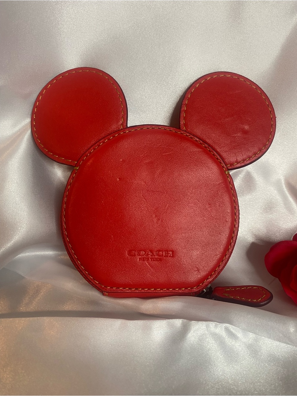 Coach Red Leather Mickey Mouse Coin Purse | Mini Zip Pouch | 4x4 | Rare